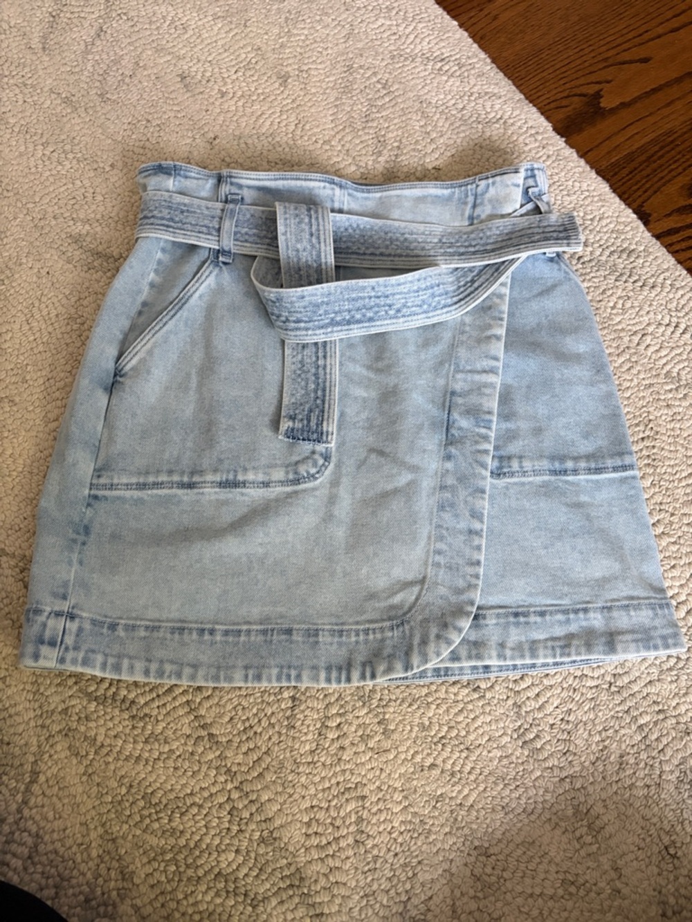 Sezane Light Blue Denim Wrap Mini Skirt with Self Tie Belt
